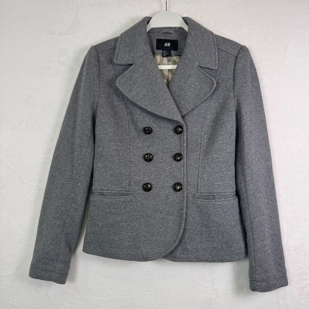H&M Women’s Gray Cotton-Blend Peacoat Jacket Size 8 Double Breasted Lined Blazer